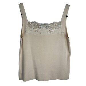 VTG Y2K Talbots Size Petite Medium Cream Silk Blend Lace Sequin Trim Tank‎ Top